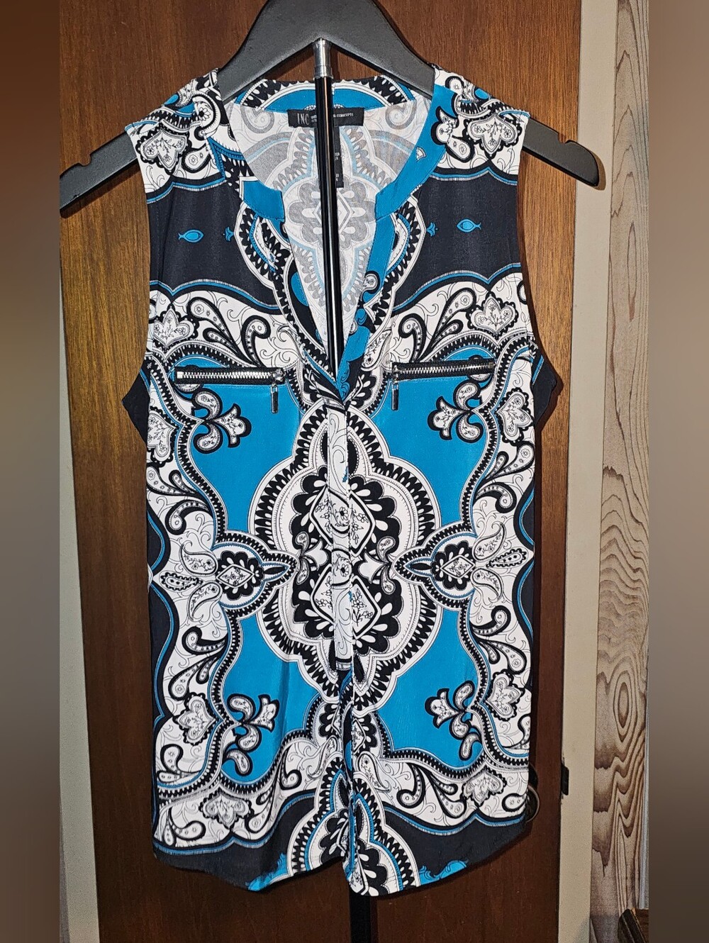 INC International Concepts Blue Black White Paisley Petite Zip Tank